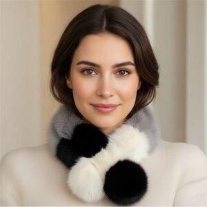 Real Rabbit 🐰 Fur Elegant Black and White Fur Scarf Minimalist Contemporary